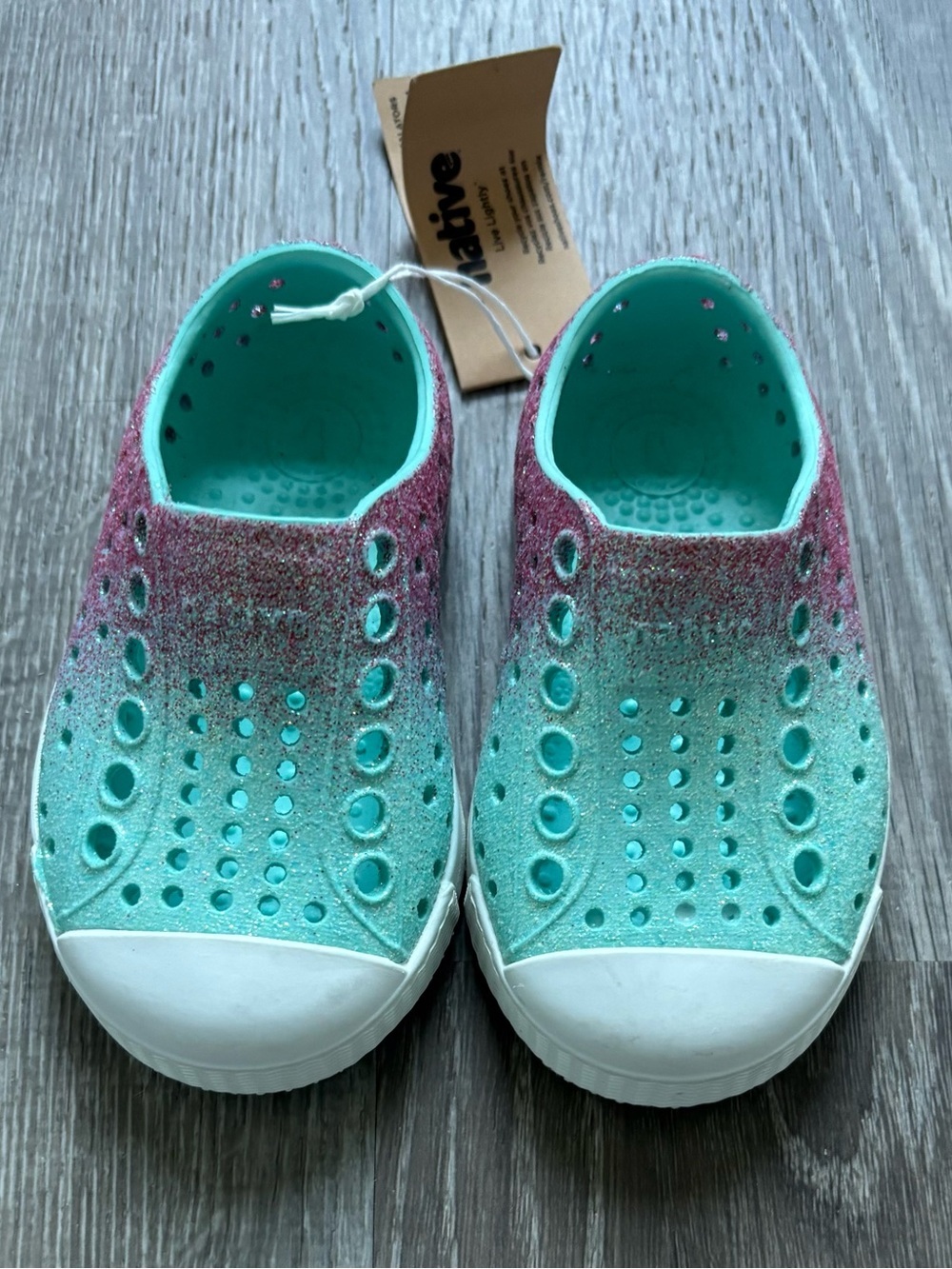 NWT Native Jefferson Glitter Slip-On Kids Shoes - Teal & Pink Size 4C